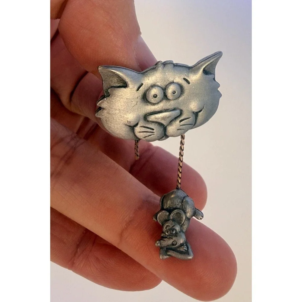 Vintage JJ Jonette Jewelry Pewter Cat and Mouse Brooch, Whimsical Feline Pin